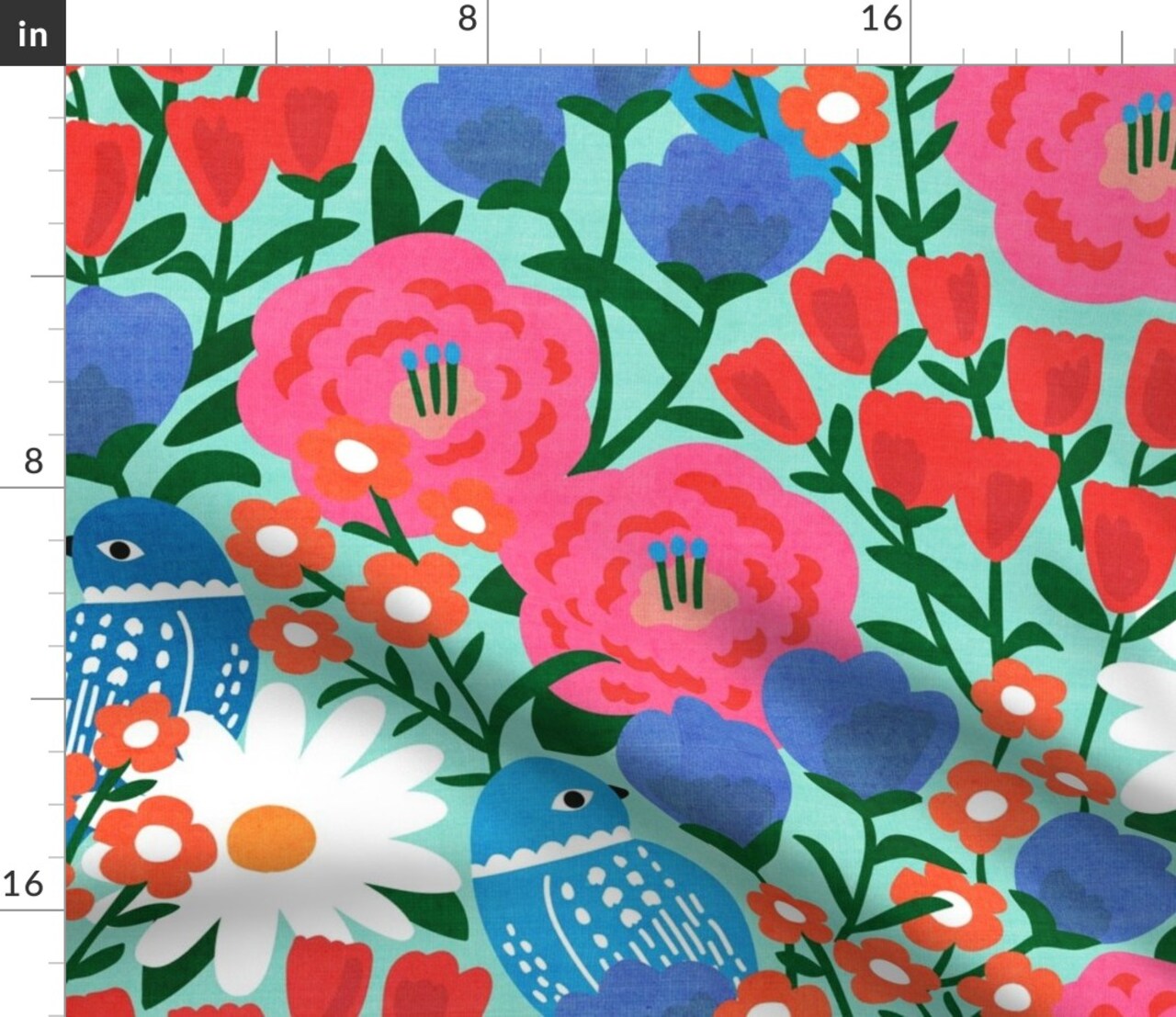 Retro Scandi Floral Botanical Birds Colorful Tulips Daisies Folk Art Scandinavian Midcentury Modern Mcm Blue Red Pink Large Scale Bold Faux Custom Printed Fabric by Spoonflower Various Fabrics by the Yard or Fat Quarter